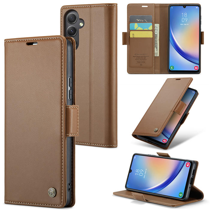 CaseMe Samsung Galaxy A34 5G Wallet RFID Blocking Magnetic Buckle Case Brown - Click Image to Close