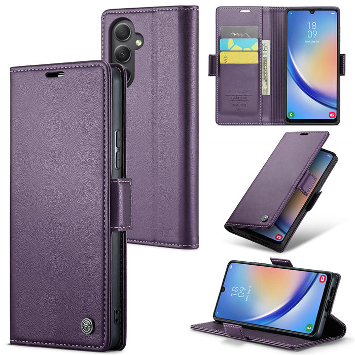 CaseMe Samsung Galaxy A34 5G Wallet RFID Blocking Magnetic Buckle Case Purple - Click Image to Close