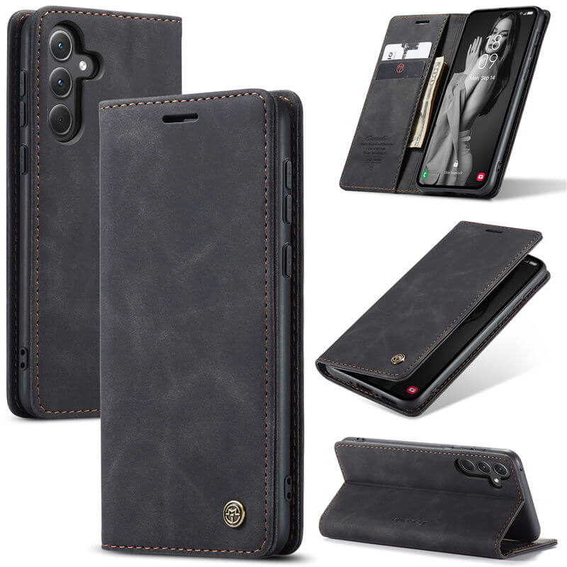 CaseMe Samsung Galaxy A35 Wallet Suede Leather Case Black - Click Image to Close