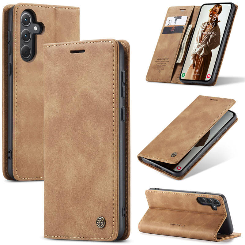CaseMe Samsung Galaxy A35 Wallet Suede Leather Case Brown - Click Image to Close