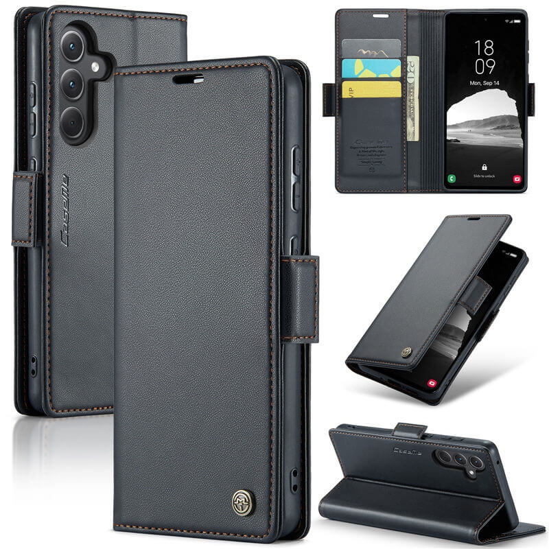 CaseMe Samsung Galaxy A35 Wallet RFID Blocking Magnetic Buckle Case Black - Click Image to Close