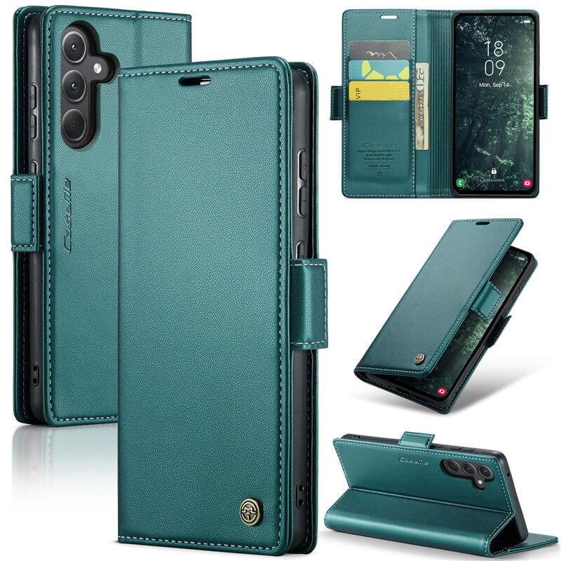 CaseMe Samsung Galaxy A35 Wallet RFID Blocking Magnetic Buckle Case Green - Click Image to Close
