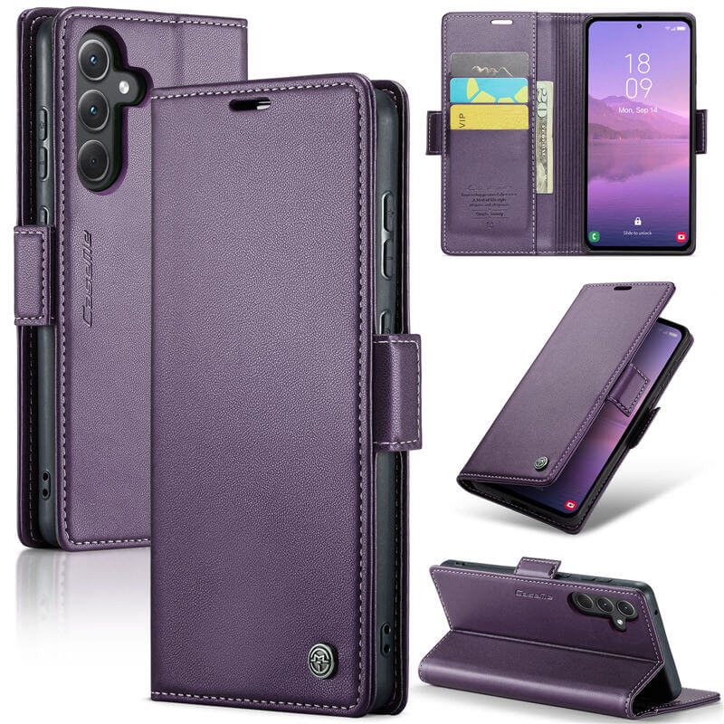 CaseMe Samsung Galaxy A35 Wallet RFID Blocking Magnetic Buckle Case Purple - Click Image to Close