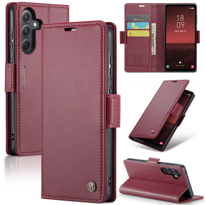 CaseMe Samsung Galaxy A35 Wallet RFID Blocking Magnetic Buckle Case Red - Click Image to Close
