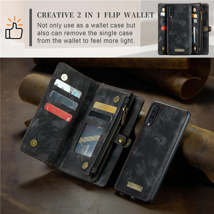 CaseMe Samsung Galaxy A50 Zipper Wallet Magnetic Detachable 2 in 1 Case with Wrist Strap
