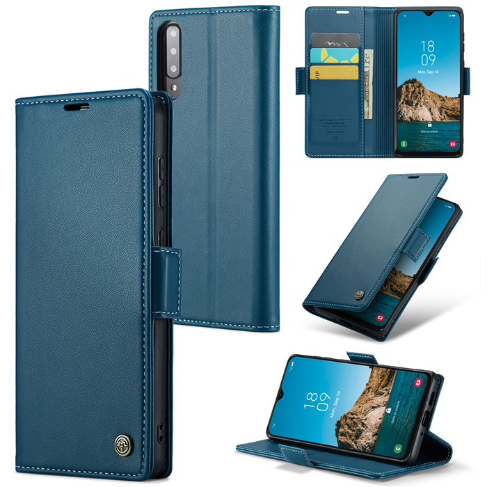 CaseMe Samsung Galaxy A50 Wallet RFID Blocking Magnetic Buckle Case Blue - Click Image to Close