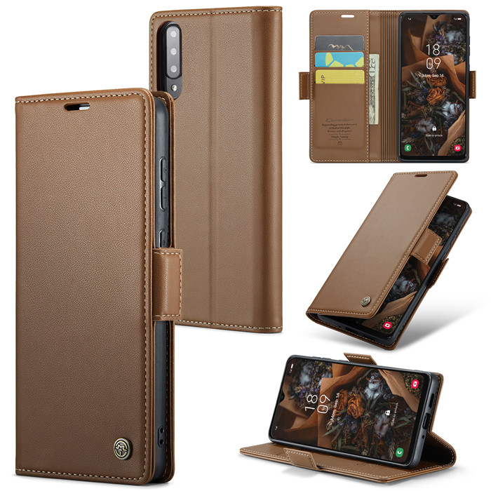 CaseMe Samsung Galaxy A50 Wallet RFID Blocking Magnetic Buckle Case Brown - Click Image to Close