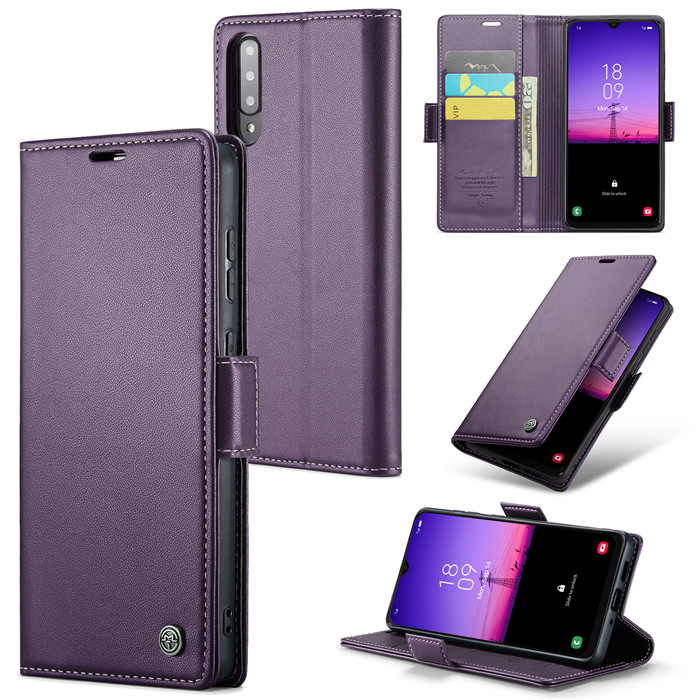 CaseMe Samsung Galaxy A50 Wallet RFID Blocking Magnetic Buckle Case Purple - Click Image to Close