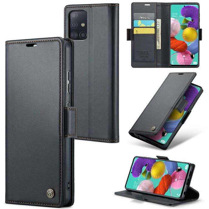 CaseMe Samsung Galaxy A51 4G Wallet RFID Blocking Magnetic Buckle Case Black - Click Image to Close