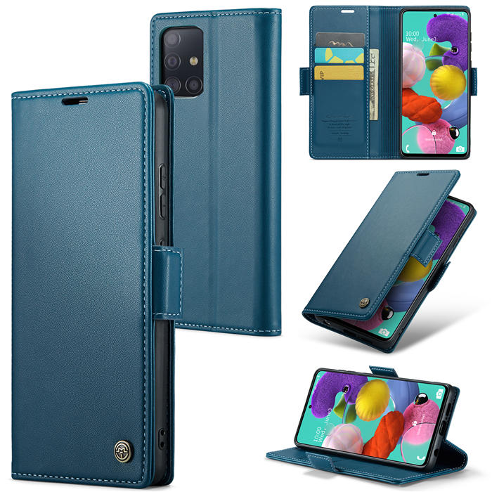 CaseMe Samsung Galaxy A51 4G Wallet RFID Blocking Magnetic Buckle Case Blue - Click Image to Close