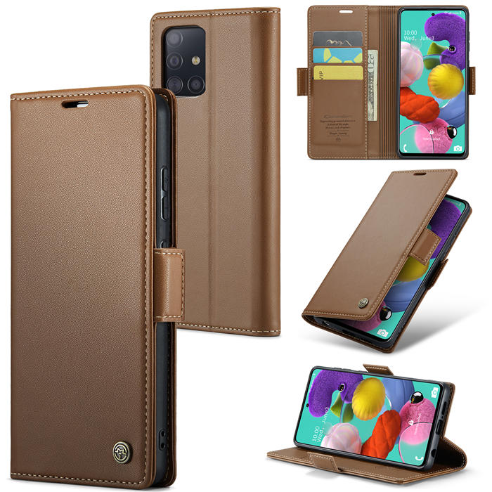 CaseMe Samsung Galaxy A51 4G Wallet RFID Blocking Magnetic Buckle Case Brown - Click Image to Close