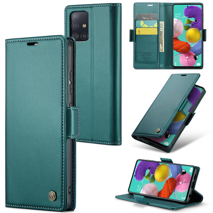 CaseMe Samsung Galaxy A51 4G Wallet RFID Blocking Magnetic Buckle Case Green - Click Image to Close