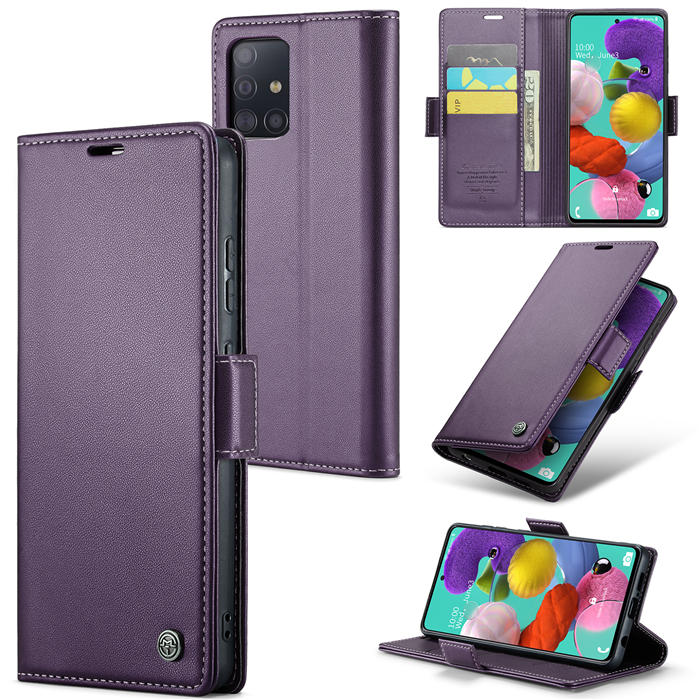 CaseMe Samsung Galaxy A51 4G Wallet RFID Blocking Magnetic Buckle Case Purple - Click Image to Close