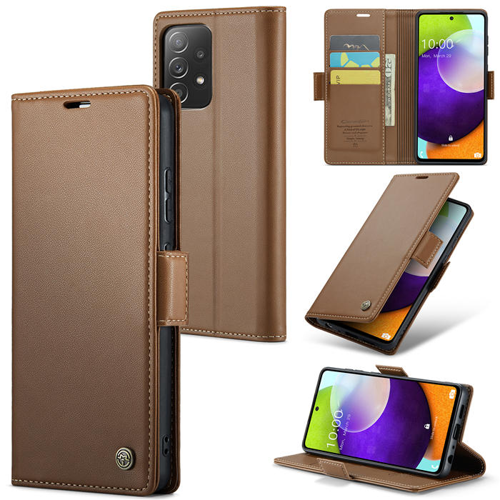 CaseMe Samsung Galaxy A52 Wallet RFID Blocking Magnetic Buckle Case Brown - Click Image to Close