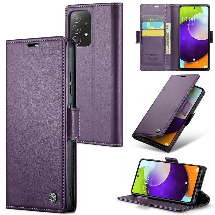 CaseMe Samsung Galaxy A52 Wallet RFID Blocking Magnetic Buckle Case Purple - Click Image to Close