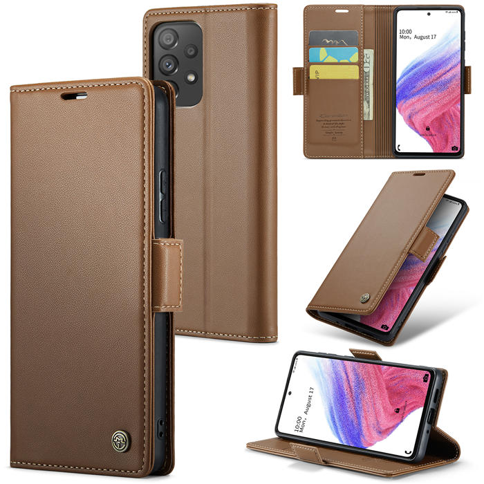CaseMe Samsung Galaxy A53 5G Wallet RFID Blocking Magnetic Buckle Case Brown - Click Image to Close