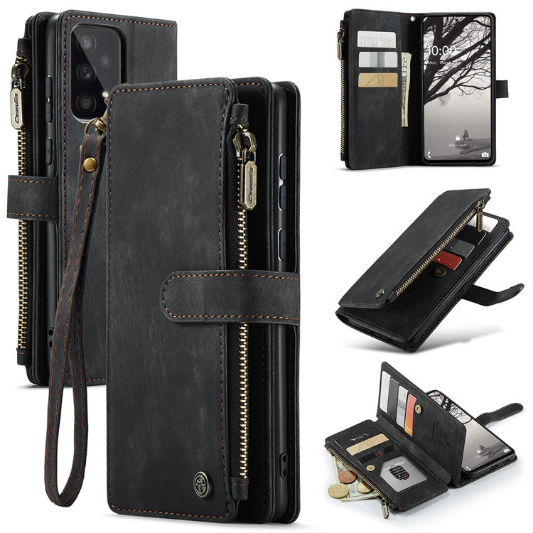 CaseMe Samsung Galaxy A72 Zipper Wallet Kickstand Case Black - Click Image to Close