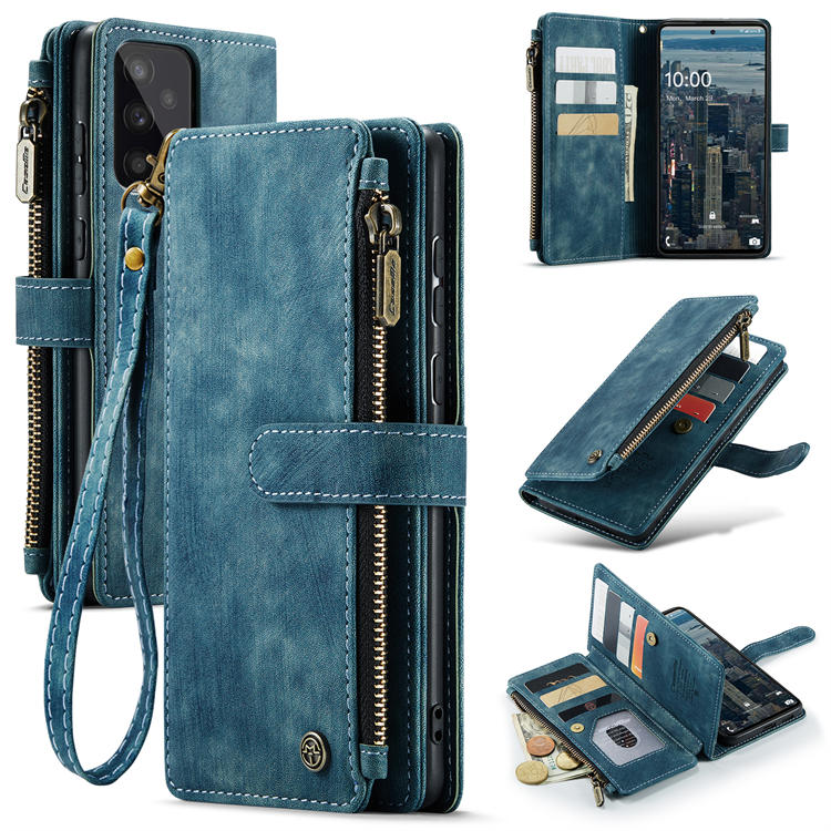 CaseMe Samsung Galaxy A72 Zipper Wallet Kickstand Case Blue - Click Image to Close