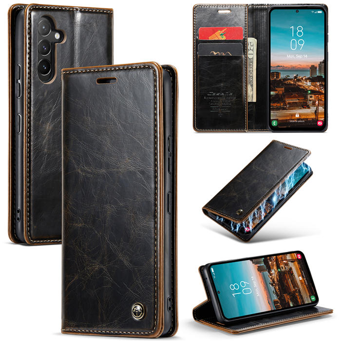 CaseMe Samsung Galaxy A14 5G Luxury Retro Wallet Case Coffee - Click Image to Close