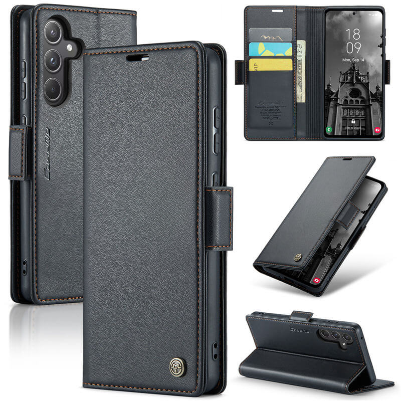 CaseMe Samsung Galaxy A55 Wallet RFID Blocking Magnetic Buckle Case Black - Click Image to Close