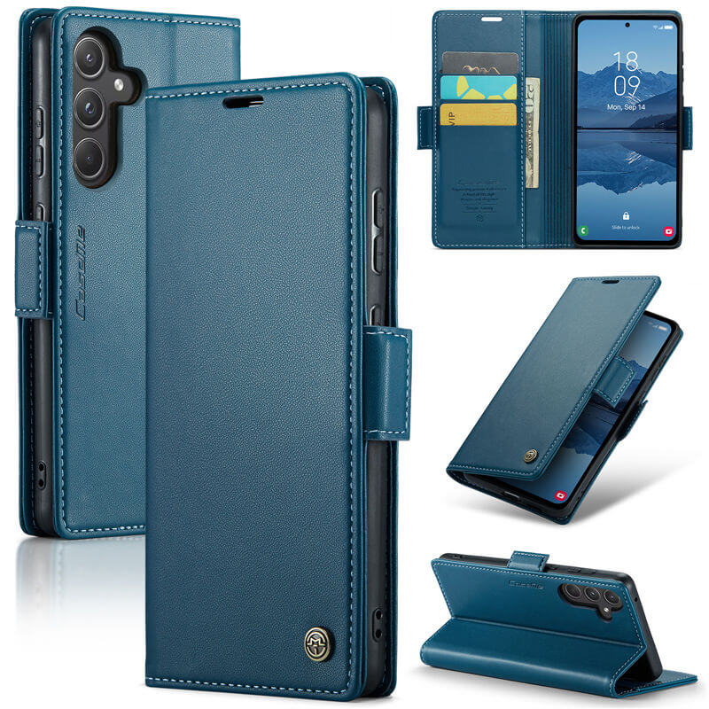 CaseMe Samsung Galaxy A55 Wallet RFID Blocking Magnetic Buckle Case Blue - Click Image to Close