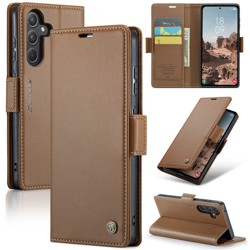 CaseMe Samsung Galaxy A55 Wallet RFID Blocking Magnetic Buckle Case Brown - Click Image to Close