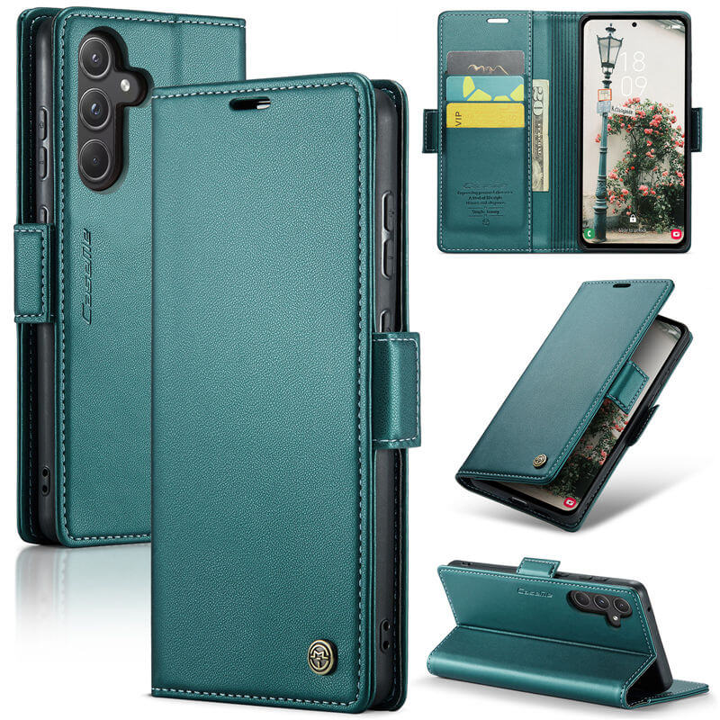CaseMe Samsung Galaxy A55 Wallet RFID Blocking Magnetic Buckle Case Green - Click Image to Close