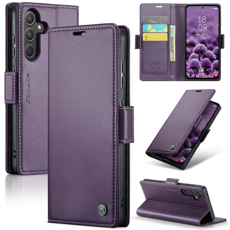CaseMe Samsung Galaxy A55 Wallet RFID Blocking Magnetic Buckle Case Purple - Click Image to Close