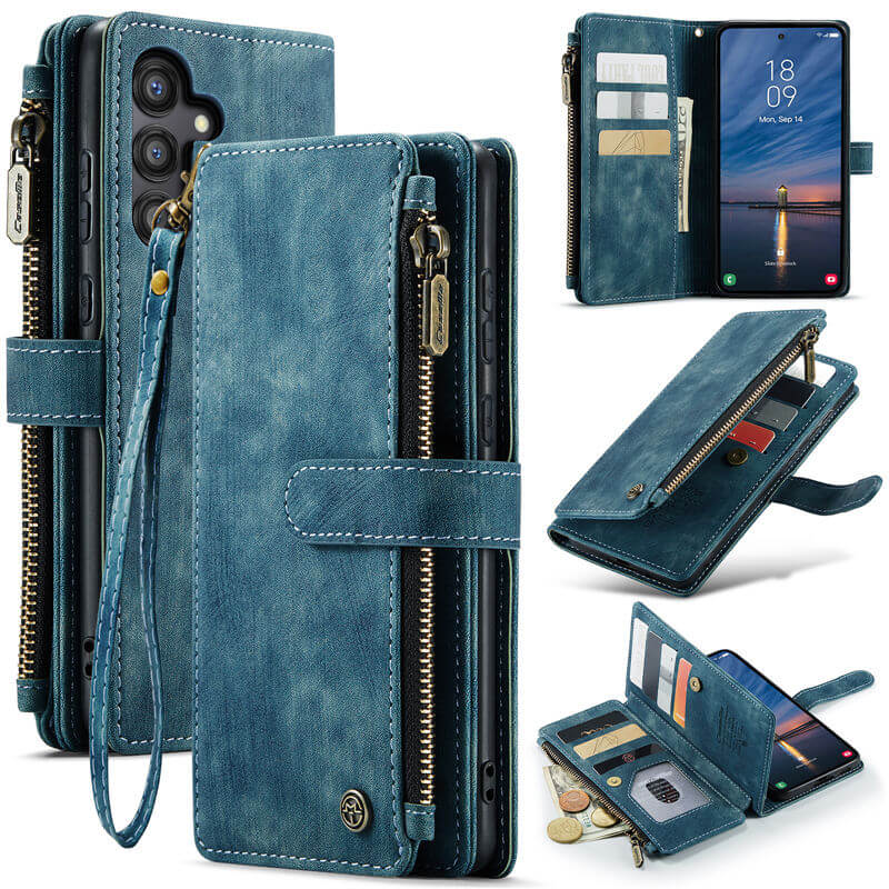 CaseMe Samsung Galaxy A55 Wallet kickstand Case with Wrist Strap Blue