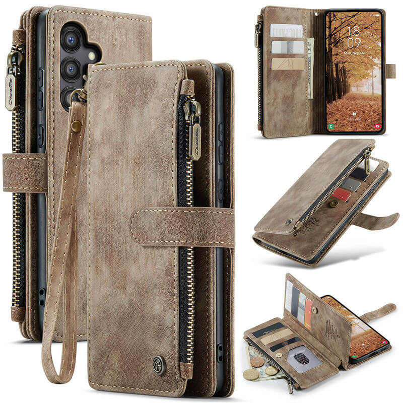 CaseMe Samsung Galaxy A55 Wallet kickstand Case with Wrist Strap Coffee - Click Image to Close