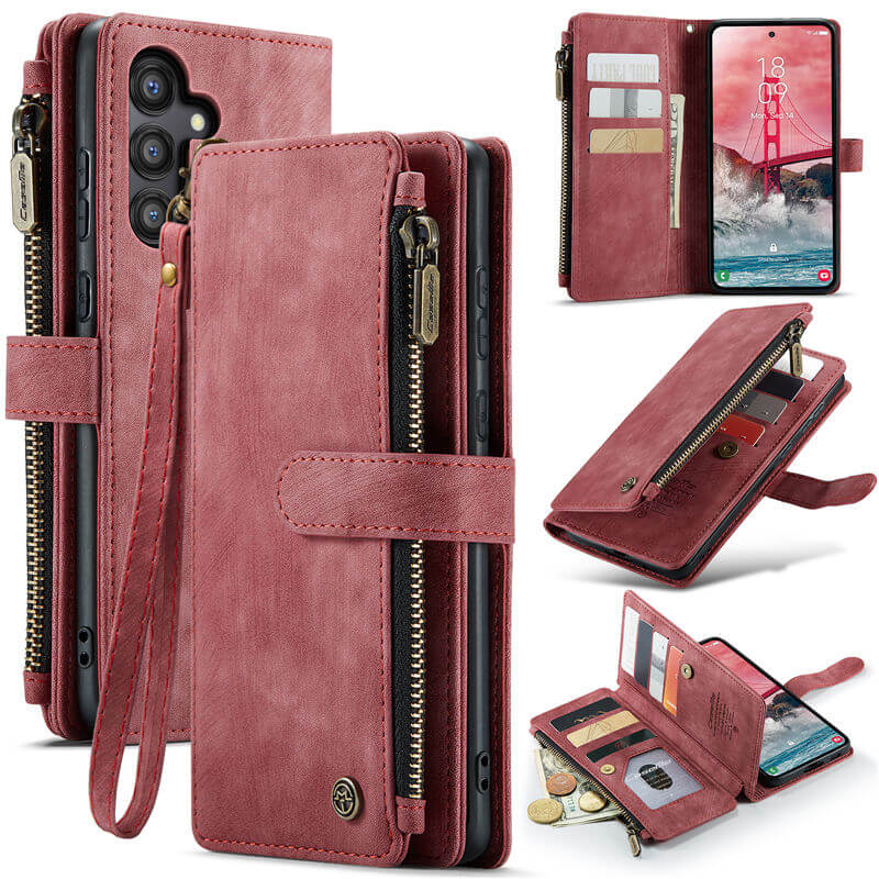 CaseMe Samsung Galaxy A55 Wallet kickstand Case with Wrist Strap Red - Click Image to Close