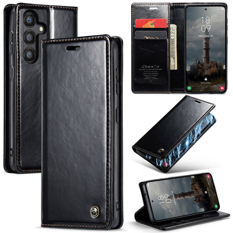 CaseMe Samsung Galaxy A55 Luxury Wallet Magnetic Case Black - Click Image to Close