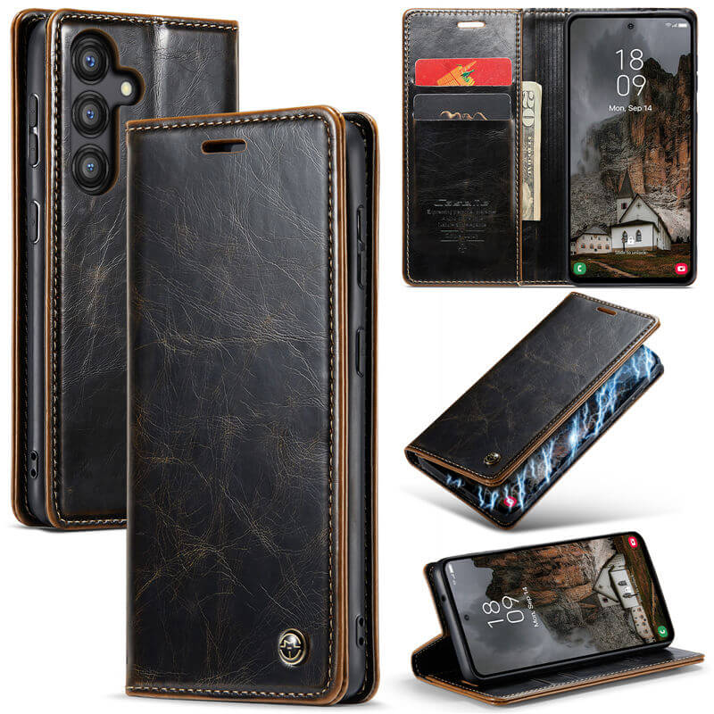 CaseMe Samsung Galaxy A55 Luxury Wallet Magnetic Case Coffee - Click Image to Close