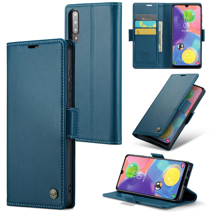 CaseMe Samsung Galaxy A70 Wallet RFID Blocking Magnetic Buckle Case Blue - Click Image to Close