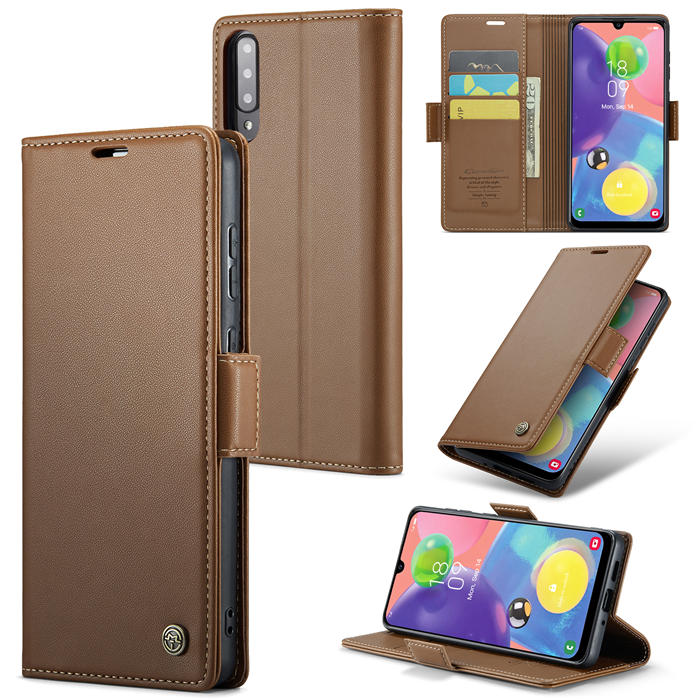 CaseMe Samsung Galaxy A70 Wallet RFID Blocking Magnetic Buckle Case Brown - Click Image to Close