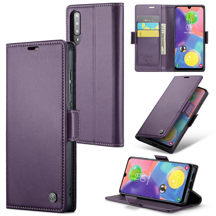 CaseMe Samsung Galaxy A70 Wallet RFID Blocking Magnetic Buckle Case Purple - Click Image to Close