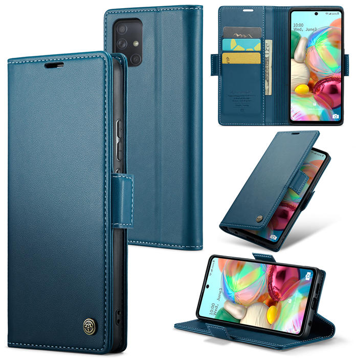 CaseMe Samsung Galaxy A71 4G Wallet RFID Blocking Magnetic Buckle Case Blue - Click Image to Close