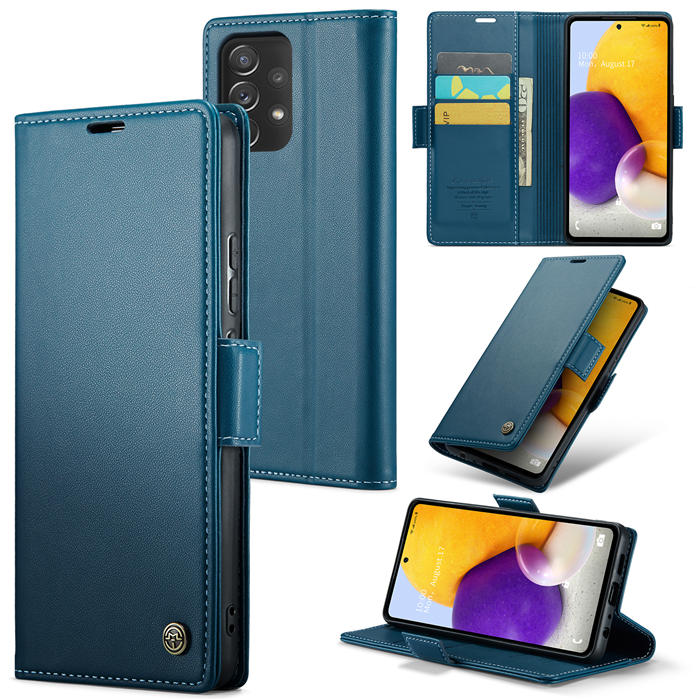 CaseMe Samsung Galaxy A72 Wallet RFID Blocking Magnetic Buckle Case Blue - Click Image to Close
