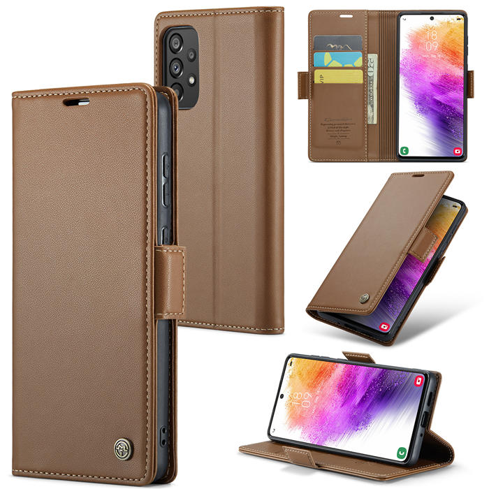 CaseMe Samsung Galaxy A73 5G Wallet RFID Blocking Magnetic Buckle Case Brown - Click Image to Close