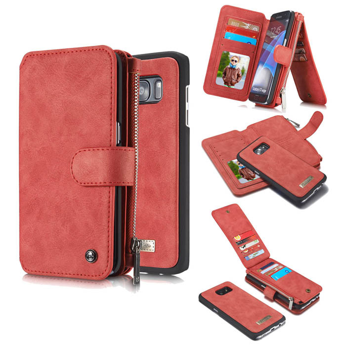 CaseMe Samsung Galaxy S7 Edge Zipper Wallet Detachable 2 in 1 Flip Case Red
