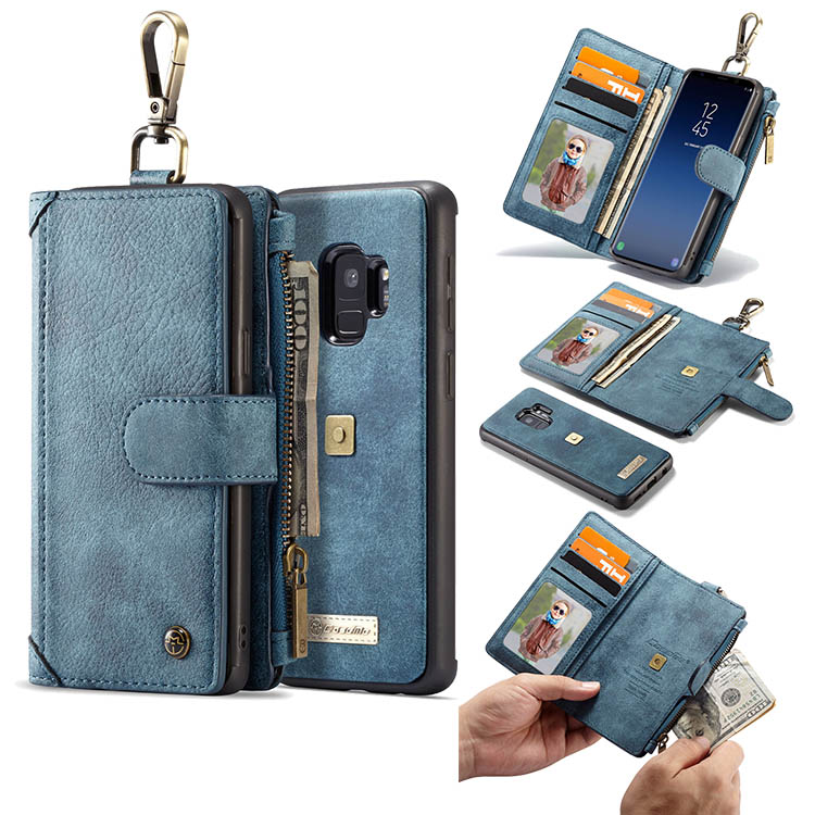 CaseMe Samsung Galaxy S9 Zipper Wallet Metal Buckle Case Blue