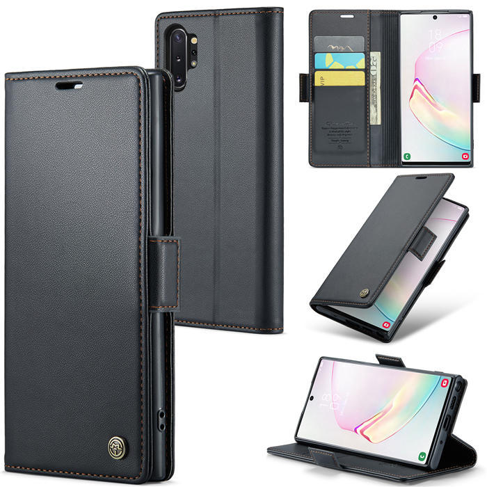 CaseMe Samsung Galaxy Note 10 Plus Wallet RFID Blocking Magnetic Buckle Case Black - Click Image to Close