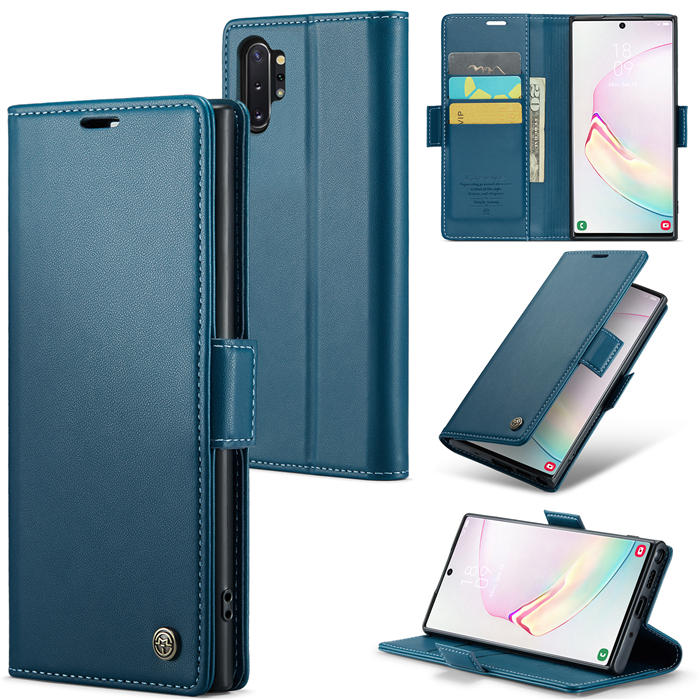 CaseMe Samsung Galaxy Note 10 Plus Wallet RFID Blocking Magnetic Buckle Case Blue - Click Image to Close