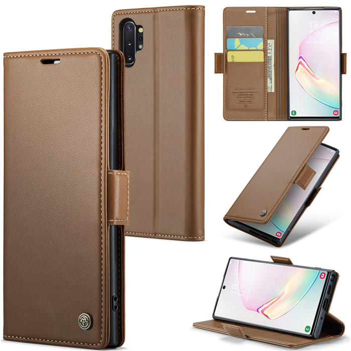 CaseMe Samsung Galaxy Note 10 Plus Wallet RFID Blocking Magnetic Buckle Case Brown - Click Image to Close