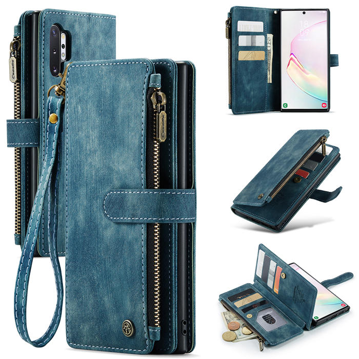 CaseMe Samsung Galaxy Note 10 Plus Zipper Wallet Kickstand Case Blue - Click Image to Close