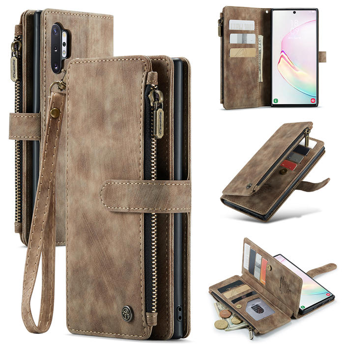 CaseMe Samsung Galaxy Note 10 Plus Zipper Wallet Kickstand Case Coffee - Click Image to Close