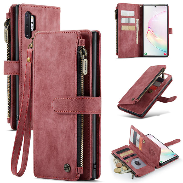 CaseMe Samsung Galaxy Note 10 Plus Zipper Wallet Kickstand Case Red - Click Image to Close