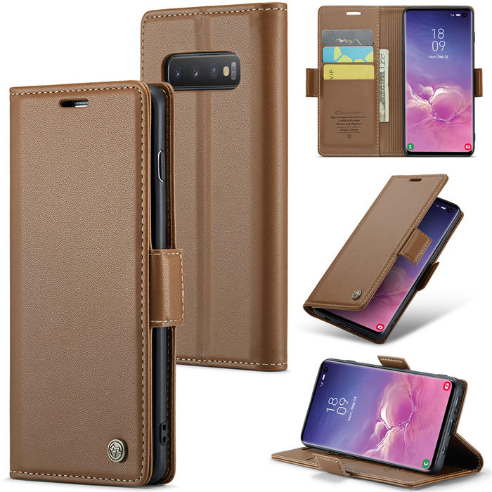 CaseMe Samsung Galaxy S10 Wallet RFID Blocking Magnetic Buckle Case Brown