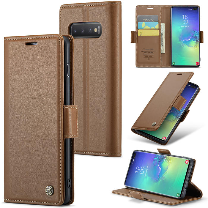 CaseMe Samsung Galaxy S10 Plus Wallet RFID Blocking Magnetic Buckle Case Brown