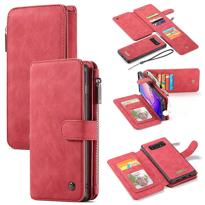 CaseMe Samsung Galaxy S10 Plus Zipper Wallet Magnetic Detachable 2 in 1 Folio Flip Case Red